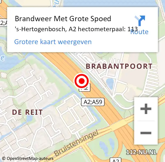 Locatie op kaart van de 112 melding: Brandweer Met Grote Spoed Naar 's-Hertogenbosch, A2 hectometerpaal: 113 op 24 oktober 2022 13:28