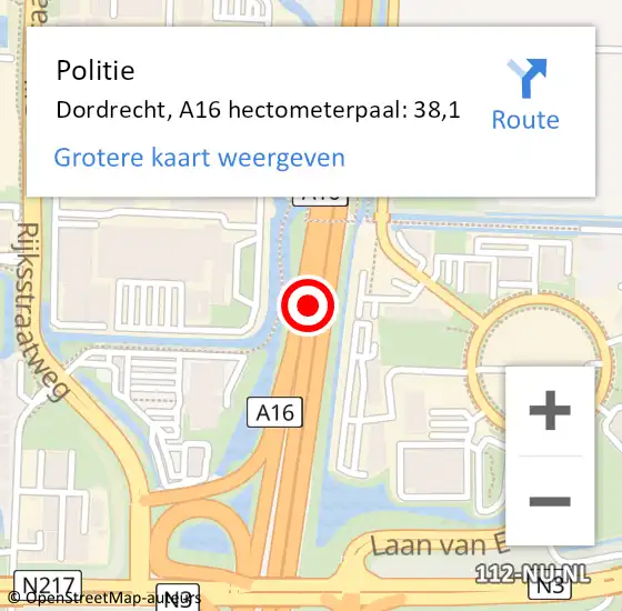 Locatie op kaart van de 112 melding: Politie Dordrecht, A16 hectometerpaal: 38,1 op 24 oktober 2022 14:38