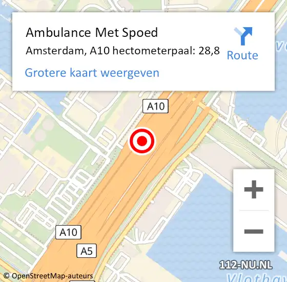 Locatie op kaart van de 112 melding: Ambulance Met Spoed Naar Amsterdam, A10 hectometerpaal: 28,8 op 24 oktober 2022 16:18