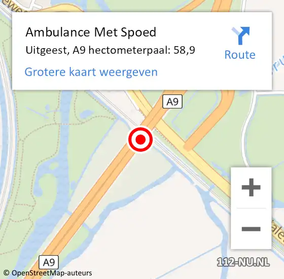 Locatie op kaart van de 112 melding: Ambulance Met Spoed Naar Uitgeest, A9 hectometerpaal: 58,9 op 24 oktober 2022 17:45