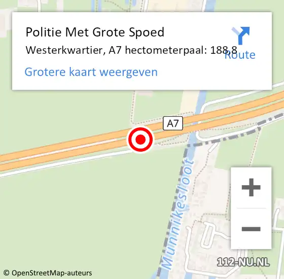 Locatie op kaart van de 112 melding: Politie Met Grote Spoed Naar Westerkwartier, A7 hectometerpaal: 188,8 op 25 oktober 2022 17:38