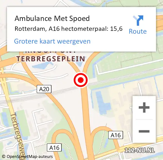 Locatie op kaart van de 112 melding: Ambulance Met Spoed Naar Rotterdam, A16 hectometerpaal: 15,6 op 26 oktober 2022 01:13