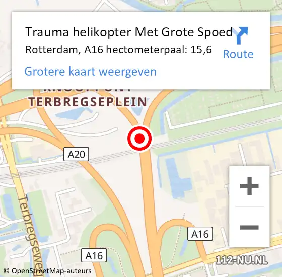 Locatie op kaart van de 112 melding: Trauma helikopter Met Grote Spoed Naar Rotterdam, A16 hectometerpaal: 15,6 op 26 oktober 2022 01:16