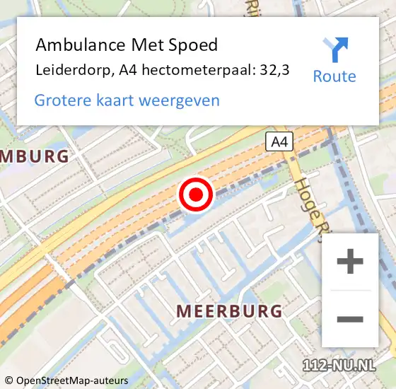 Locatie op kaart van de 112 melding: Ambulance Met Spoed Naar Zoeterwoude, A4 hectometerpaal: 32,3 op 26 oktober 2022 06:42