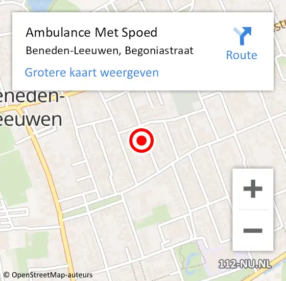 Locatie op kaart van de 112 melding: Ambulance Met Spoed Naar Beneden-Leeuwen, Begoniastraat op 26 oktober 2022 07:04