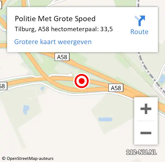 Locatie op kaart van de 112 melding: Politie Met Grote Spoed Naar Tilburg, A58 hectometerpaal: 33,5 op 26 oktober 2022 07:49