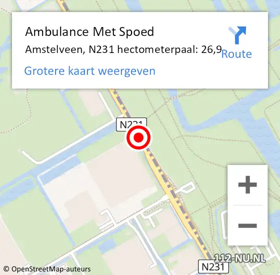 Locatie op kaart van de 112 melding: Ambulance Met Spoed Naar Amstelveen, N231 hectometerpaal: 26,9 op 26 oktober 2022 08:13