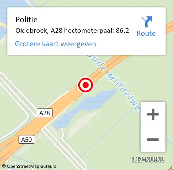 Locatie op kaart van de 112 melding: Politie Meppel, A28 hectometerpaal: 86,2 op 26 oktober 2022 15:51