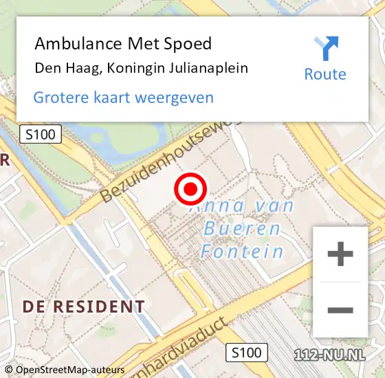 Locatie op kaart van de 112 melding: Ambulance Met Spoed Naar Den Haag, Koningin Julianaplein op 26 oktober 2022 17:13