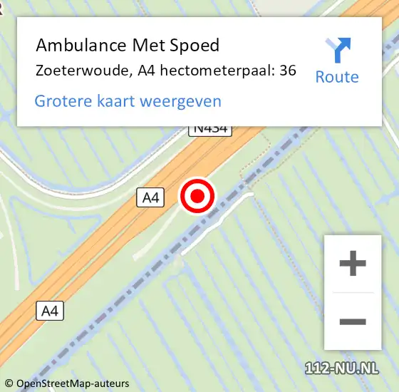 Locatie op kaart van de 112 melding: Ambulance Met Spoed Naar Zoeterwoude, A4 hectometerpaal: 36 op 27 oktober 2022 06:28
