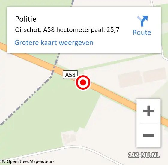Locatie op kaart van de 112 melding: Politie Oirschot, A58 hectometerpaal: 25,7 op 27 oktober 2022 08:48