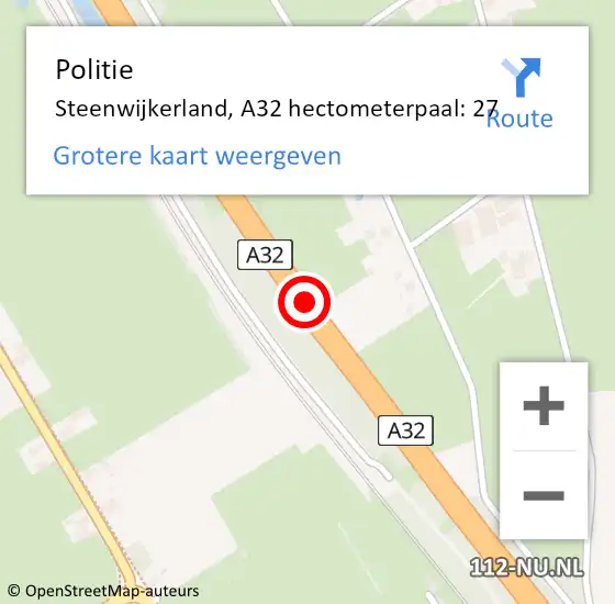 Locatie op kaart van de 112 melding: Politie Steenwijkerland, A32 hectometerpaal: 27 op 27 oktober 2022 11:32