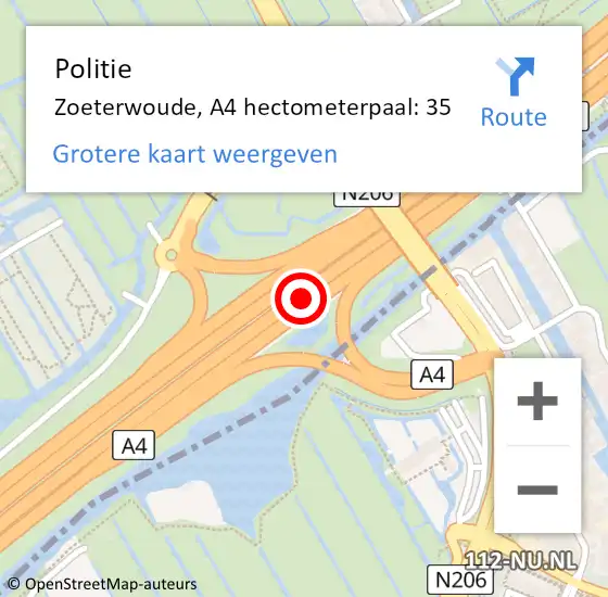 Locatie op kaart van de 112 melding: Politie Zoeterwoude, A4 hectometerpaal: 35 op 27 oktober 2022 13:43