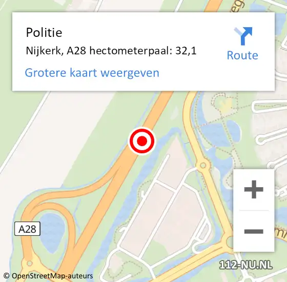 Locatie op kaart van de 112 melding: Politie Nijkerk, A28 hectometerpaal: 32,1 op 27 oktober 2022 17:29