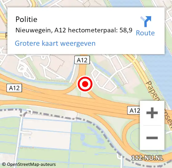 Locatie op kaart van de 112 melding: Politie Nieuwegein, A12 hectometerpaal: 58,9 op 27 oktober 2022 17:45