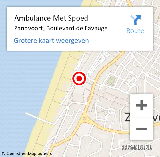 Locatie op kaart van de 112 melding: Ambulance Met Spoed Naar Zandvoort, Boulevard de Favauge op 27 oktober 2022 19:24