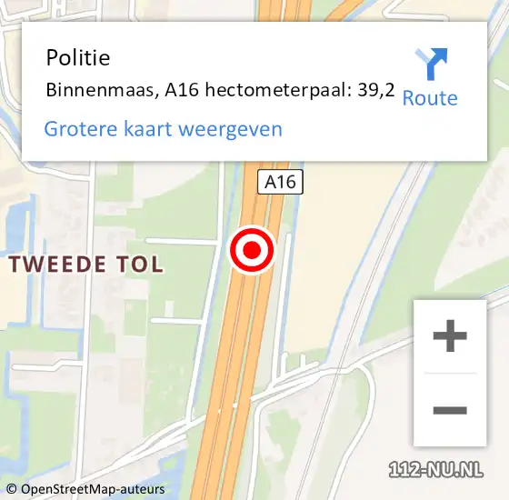 Locatie op kaart van de 112 melding: Politie Binnenmaas, A16 hectometerpaal: 39,2 op 28 oktober 2022 11:09