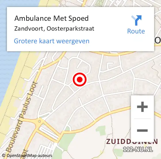 Locatie op kaart van de 112 melding: Ambulance Met Spoed Naar Zandvoort, Oosterparkstraat op 28 oktober 2022 12:23