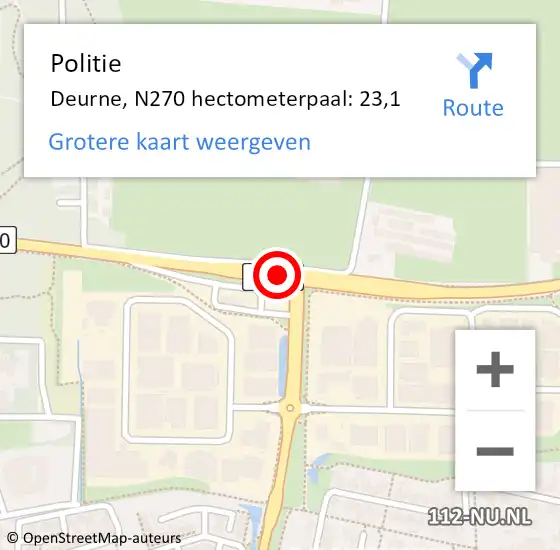 Locatie op kaart van de 112 melding: Politie Deurne, N270 hectometerpaal: 23,1 op 28 oktober 2022 15:36