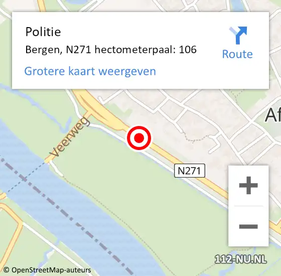 Locatie op kaart van de 112 melding: Politie Bergen, N271 hectometerpaal: 106 op 28 oktober 2022 19:08