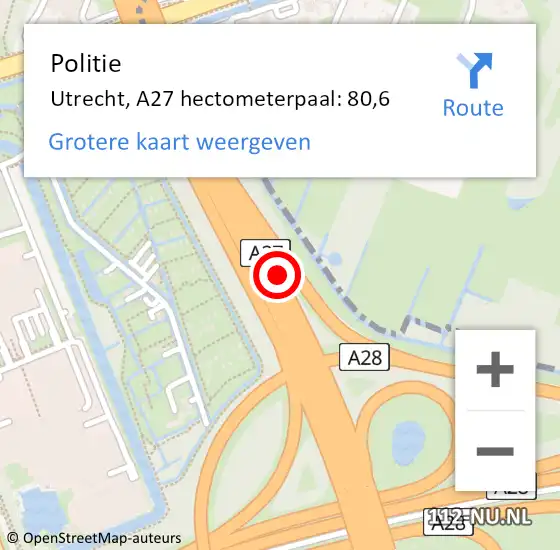 Locatie op kaart van de 112 melding: Politie Utrecht, A27 hectometerpaal: 80,6 op 28 oktober 2022 20:19