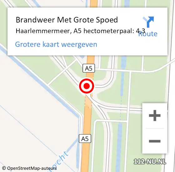Locatie op kaart van de 112 melding: Brandweer Met Grote Spoed Naar Haarlemmermeer, A5 hectometerpaal: 4,3 op 28 oktober 2022 21:09