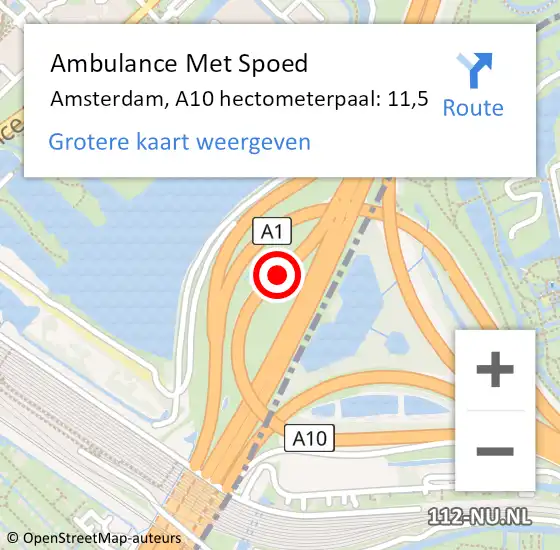 Locatie op kaart van de 112 melding: Ambulance Met Spoed Naar Amsterdam, A10 hectometerpaal: 11,5 op 29 oktober 2022 08:55