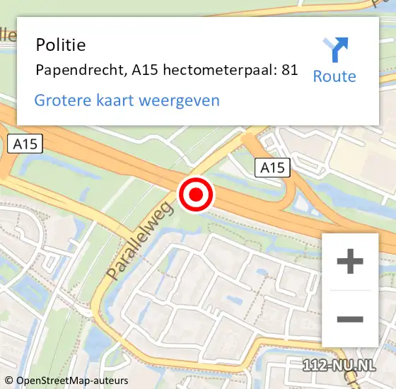 Locatie op kaart van de 112 melding: Politie Papendrecht, A15 hectometerpaal: 81 op 29 oktober 2022 09:12