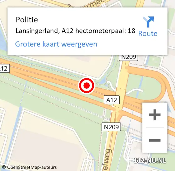 Locatie op kaart van de 112 melding: Politie Lansingerland, A12 hectometerpaal: 18 op 29 oktober 2022 09:59