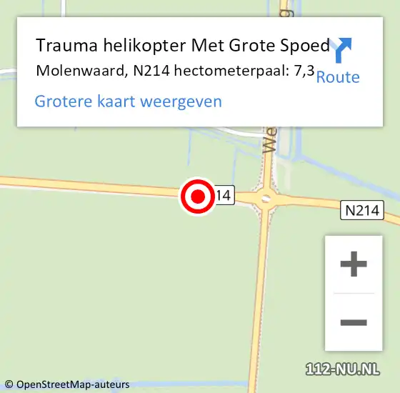 Locatie op kaart van de 112 melding: Trauma helikopter Met Grote Spoed Naar Molenwaard, N214 hectometerpaal: 7,3 op 29 oktober 2022 13:17