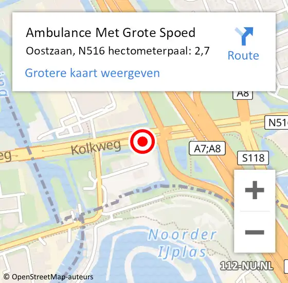 Locatie op kaart van de 112 melding: Ambulance Met Grote Spoed Naar Oostzaan, N516 hectometerpaal: 2,7 op 29 oktober 2022 13:53