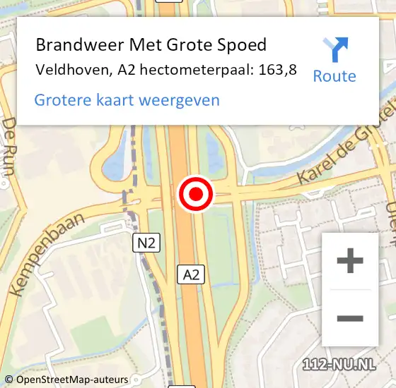 Locatie op kaart van de 112 melding: Brandweer Met Grote Spoed Naar Veldhoven, A2 hectometerpaal: 163,8 op 29 oktober 2022 14:43