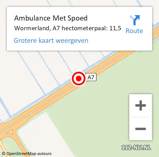 Locatie op kaart van de 112 melding: Ambulance Met Spoed Naar Wormerland, A7 hectometerpaal: 11,5 op 29 oktober 2022 16:36