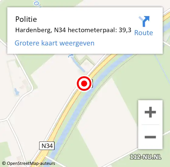 Locatie op kaart van de 112 melding: Politie Hardenberg, N34 hectometerpaal: 39,3 op 30 oktober 2022 07:12