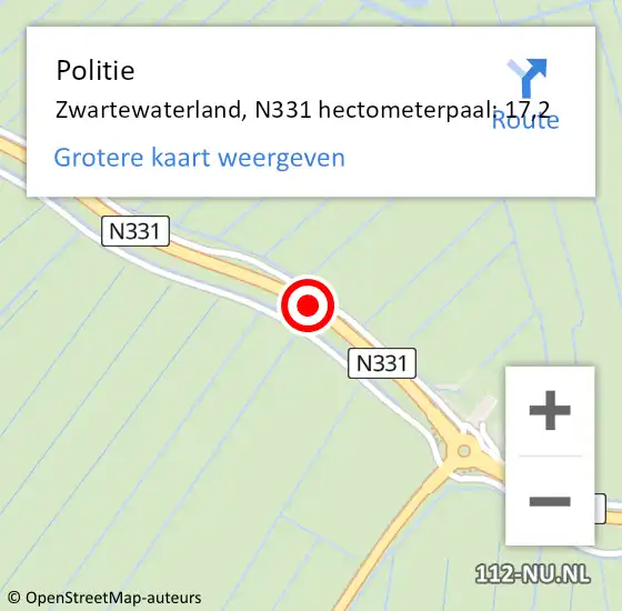 Locatie op kaart van de 112 melding: Politie Zwartewaterland, N331 hectometerpaal: 17,2 op 30 oktober 2022 09:19