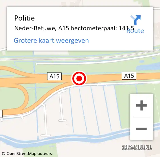 Locatie op kaart van de 112 melding: Politie Neder-Betuwe, A15 hectometerpaal: 141,5 op 30 oktober 2022 11:56