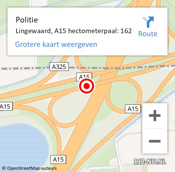 Locatie op kaart van de 112 melding: Politie Lingewaard, A15 hectometerpaal: 162 op 30 oktober 2022 12:17