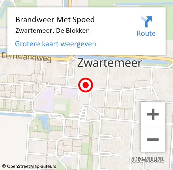 Locatie op kaart van de 112 melding: Brandweer Met Spoed Naar Zwartemeer, De Blokken op 30 oktober 2022 21:01