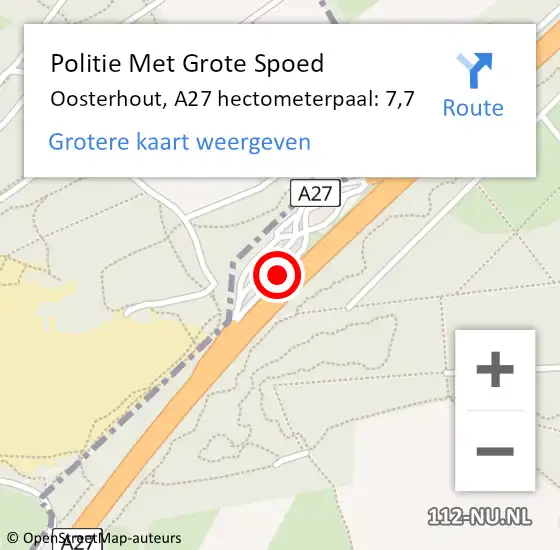 Locatie op kaart van de 112 melding: Politie Met Grote Spoed Naar Oosterhout, A27 hectometerpaal: 7,7 op 31 oktober 2022 01:16