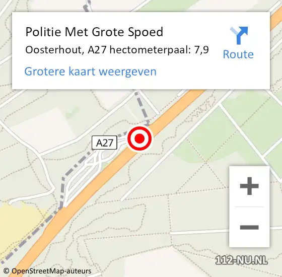 Locatie op kaart van de 112 melding: Politie Met Grote Spoed Naar Oosterhout, A27 hectometerpaal: 7,9 op 31 oktober 2022 01:16