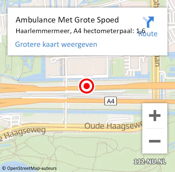 Locatie op kaart van de 112 melding: Ambulance Met Grote Spoed Naar Haarlemmermeer, A4 hectometerpaal: 1,6 op 31 oktober 2022 16:56