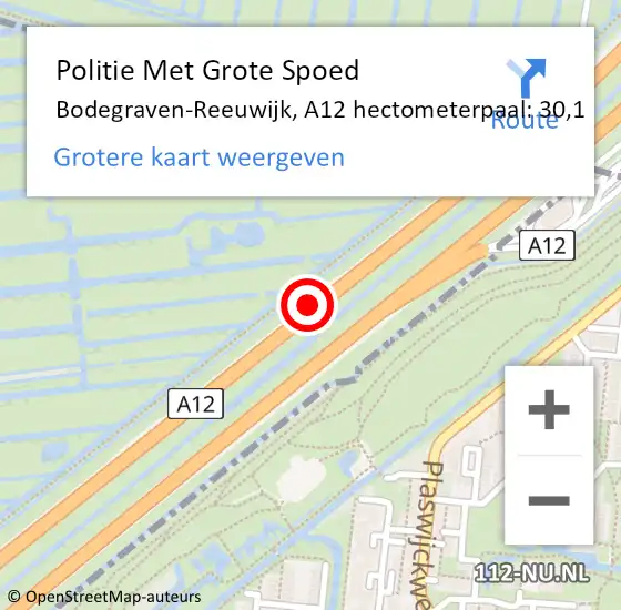 Locatie op kaart van de 112 melding: Politie Met Grote Spoed Naar Bodegraven-Reeuwijk, A12 hectometerpaal: 30,1 op 31 oktober 2022 17:16
