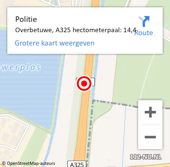 Locatie op kaart van de 112 melding: Politie Overbetuwe, A325 hectometerpaal: 14,4 op 1 november 2022 02:30
