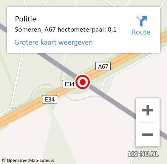 Locatie op kaart van de 112 melding: Politie Someren, A67 hectometerpaal: 0,1 op 1 november 2022 06:34