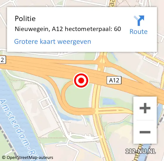 Locatie op kaart van de 112 melding: Politie Nieuwegein, A12 hectometerpaal: 60 op 1 november 2022 07:20