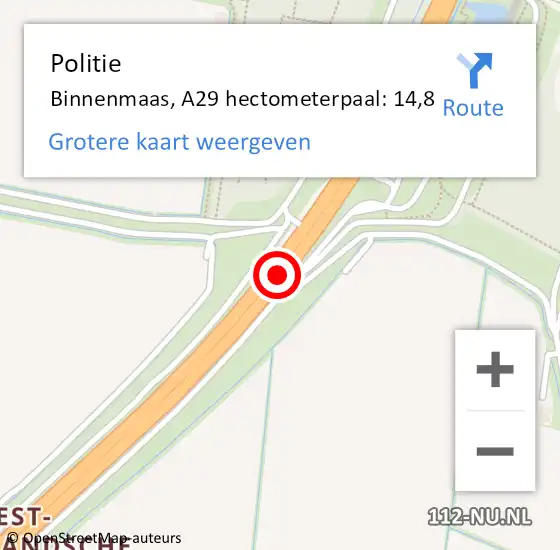 Locatie op kaart van de 112 melding: Politie Binnenmaas, A29 hectometerpaal: 14,8 op 1 november 2022 09:27
