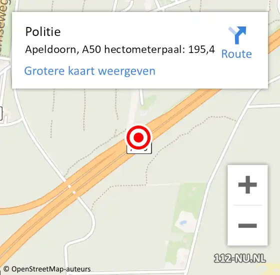 Locatie op kaart van de 112 melding: Politie Apeldoorn, A50 hectometerpaal: 195,4 op 1 november 2022 15:09