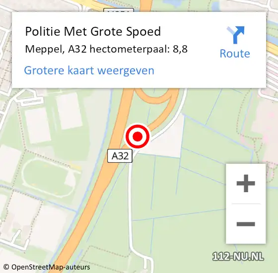 Locatie op kaart van de 112 melding: Politie Met Grote Spoed Naar Meppel, A32 hectometerpaal: 8,8 op 1 november 2022 15:13