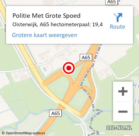 Locatie op kaart van de 112 melding: Politie Met Grote Spoed Naar Tilburg, A65 hectometerpaal: 19,4 op 1 november 2022 22:00