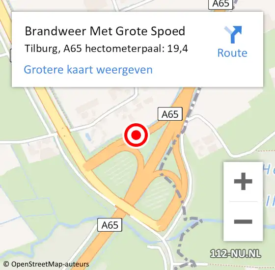 Locatie op kaart van de 112 melding: Brandweer Met Grote Spoed Naar Tilburg, A65 hectometerpaal: 19,4 op 1 november 2022 22:00